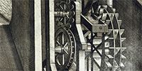 black and white vintage art with grinding gears